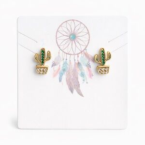 Cactus Earrings Gold Tone Potted Plant Stud Earrings Green Rhinestone Jewelry
